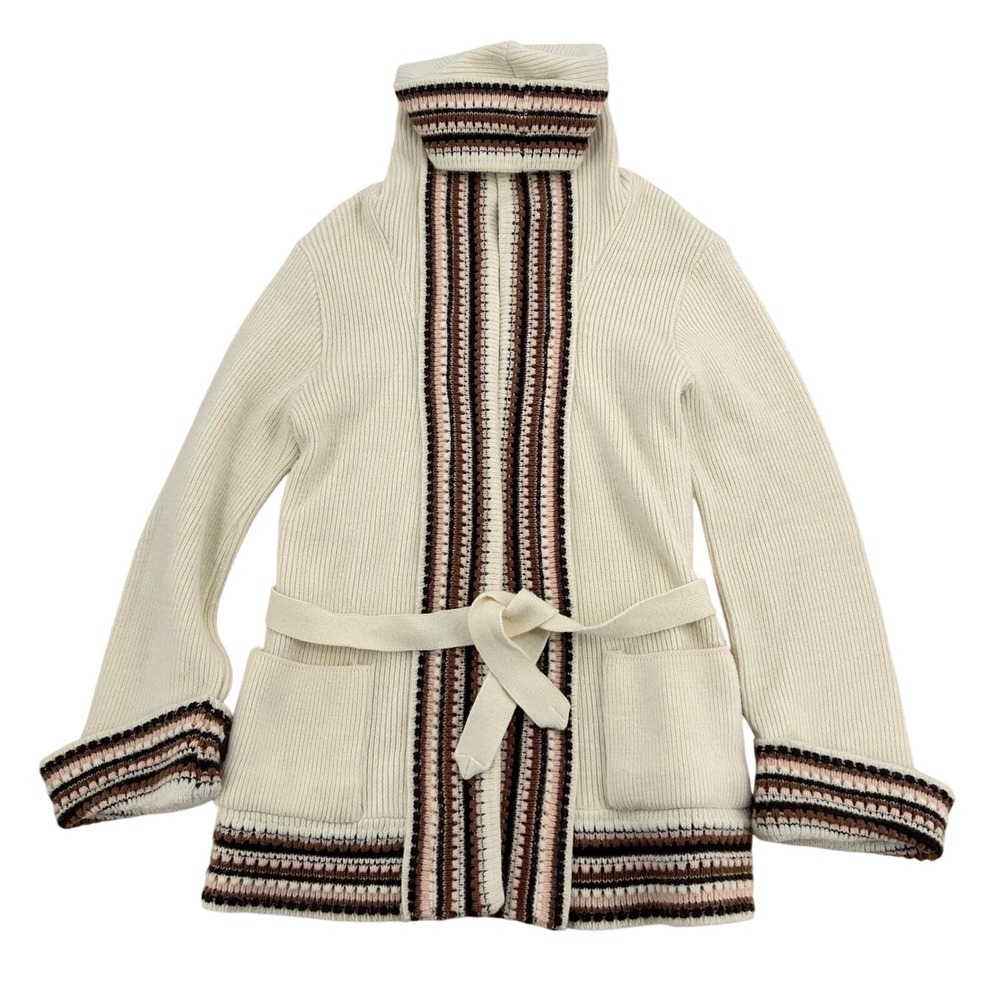 Vintage Herald House Hooded Cardigan Sweater Cream Striped Belted Boho 19" P2P